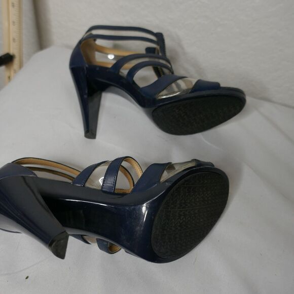 Michael Kors Navy Blue T Strap Sandal Heel Strappy Leather PVC 7M - Picture 4 of 12